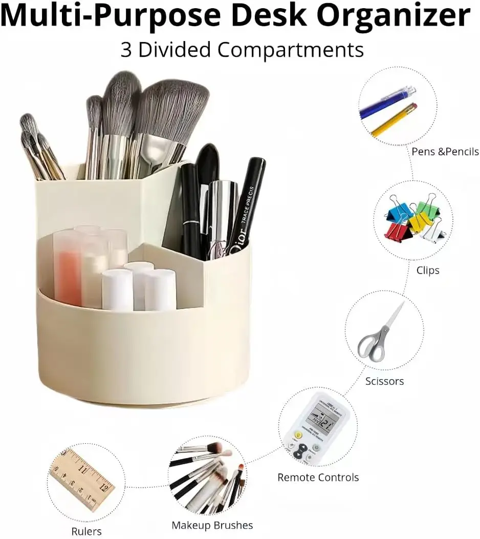 360 Rotating Pencil Pen Holder 3 Slot Makeup/Cosmetics Brushes Storage Organizer Cup for Desk Table Vanity Countertops