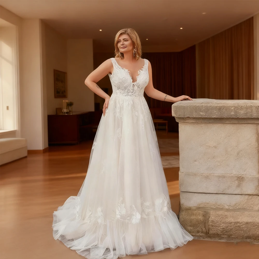 

Pastrol Wedding Dresses Plus Size V Neck Sleeveless Bride Gowns Applique Back Button Floor Length A-Line Tulle Vestido De Noiva