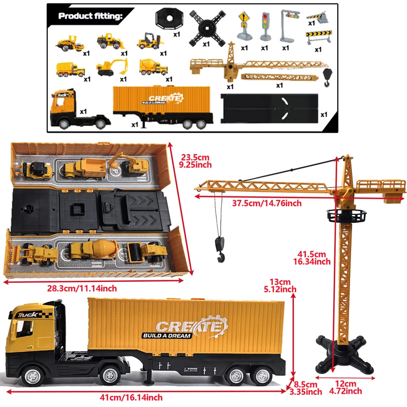 Alloy Engineering Bulldozer Tower Crane Truck Excavator Toys Set Vehicles Construction Cars Model Kids Play Game for Boys