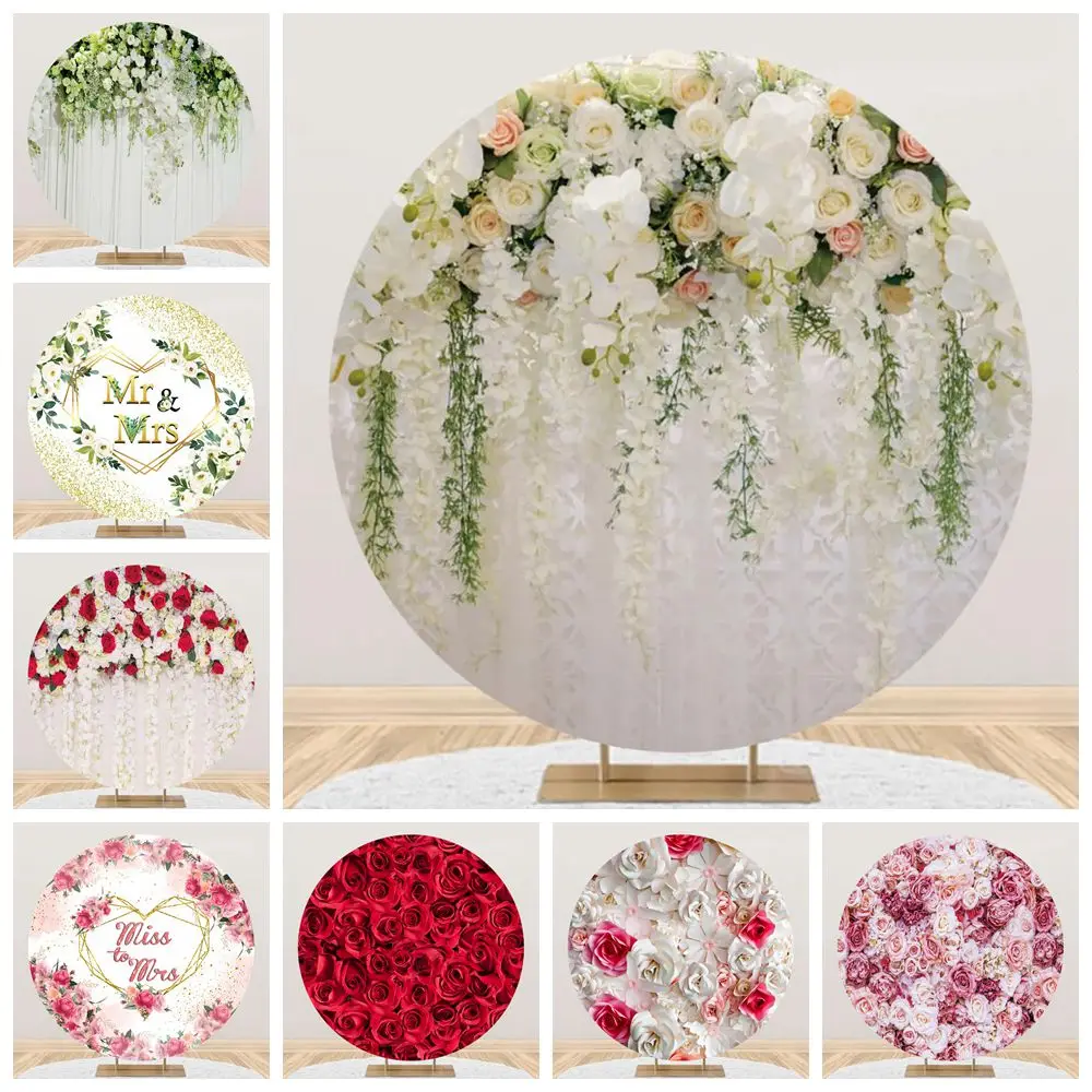 

Wedding Round Backdrop Cover Bridal Shower Mr & Mrs Flower Engaged Ceremony Circle Photography Background Decor Photocall Props