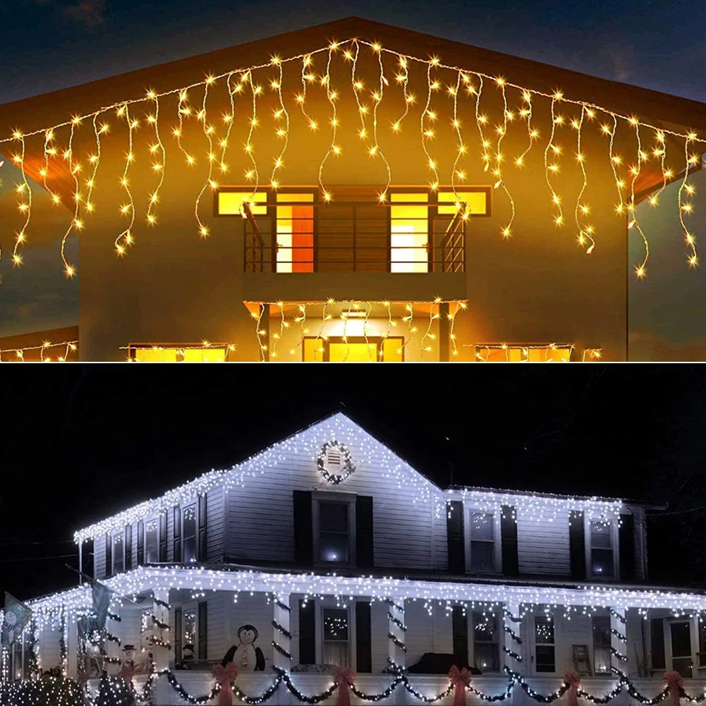 1set Icicle Lights Outdoor, 5M/ 10M Curtain Fairy Lights UK-Plug in Christmas Lights with 8 Modes Timer Waterproof String Lights