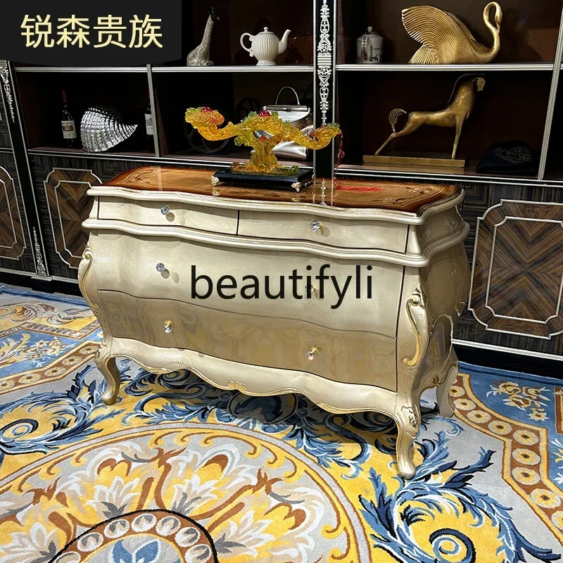 French solid wood porch cabinet, European style, luxury carved living room locker table, champagne porch cabinet6220