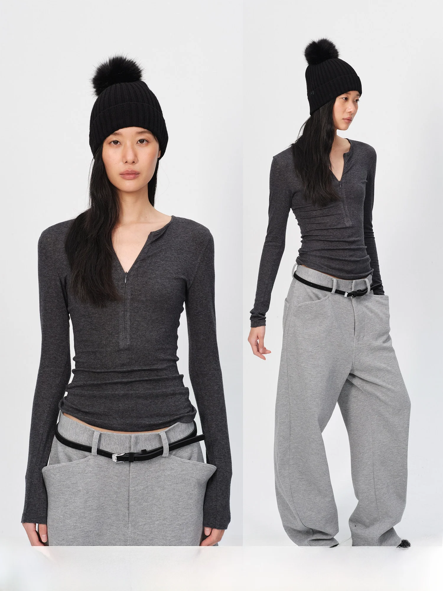 

Slim Fit T-irt Curri And Winter Vintage Silk Wool Zipper f Plaet Design Sense Base irt Ladies Casual Sle Long Sve