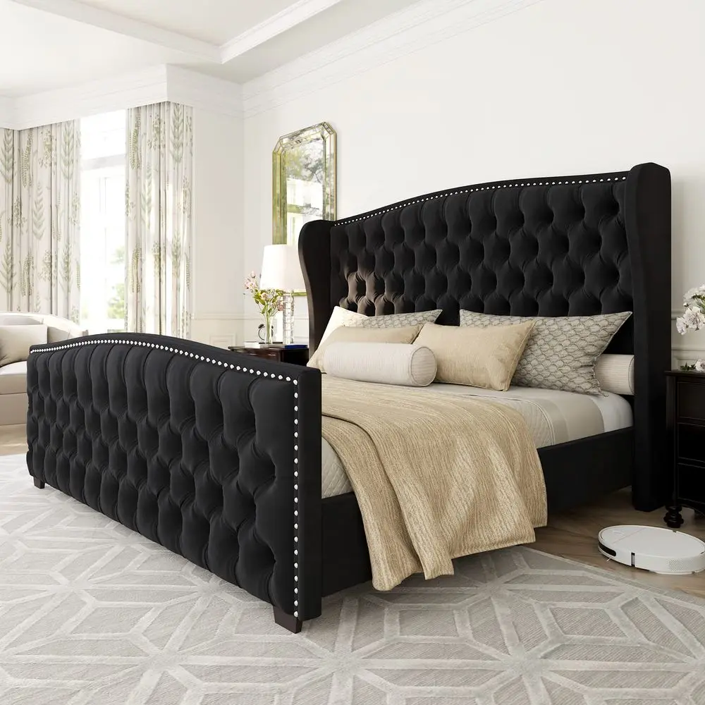

Queen Size Platform Bed Frame, Velvet Upholstered Bed with Deep Button Tufted amp Nailhead Trim Wingback Headboard No Box Sprin