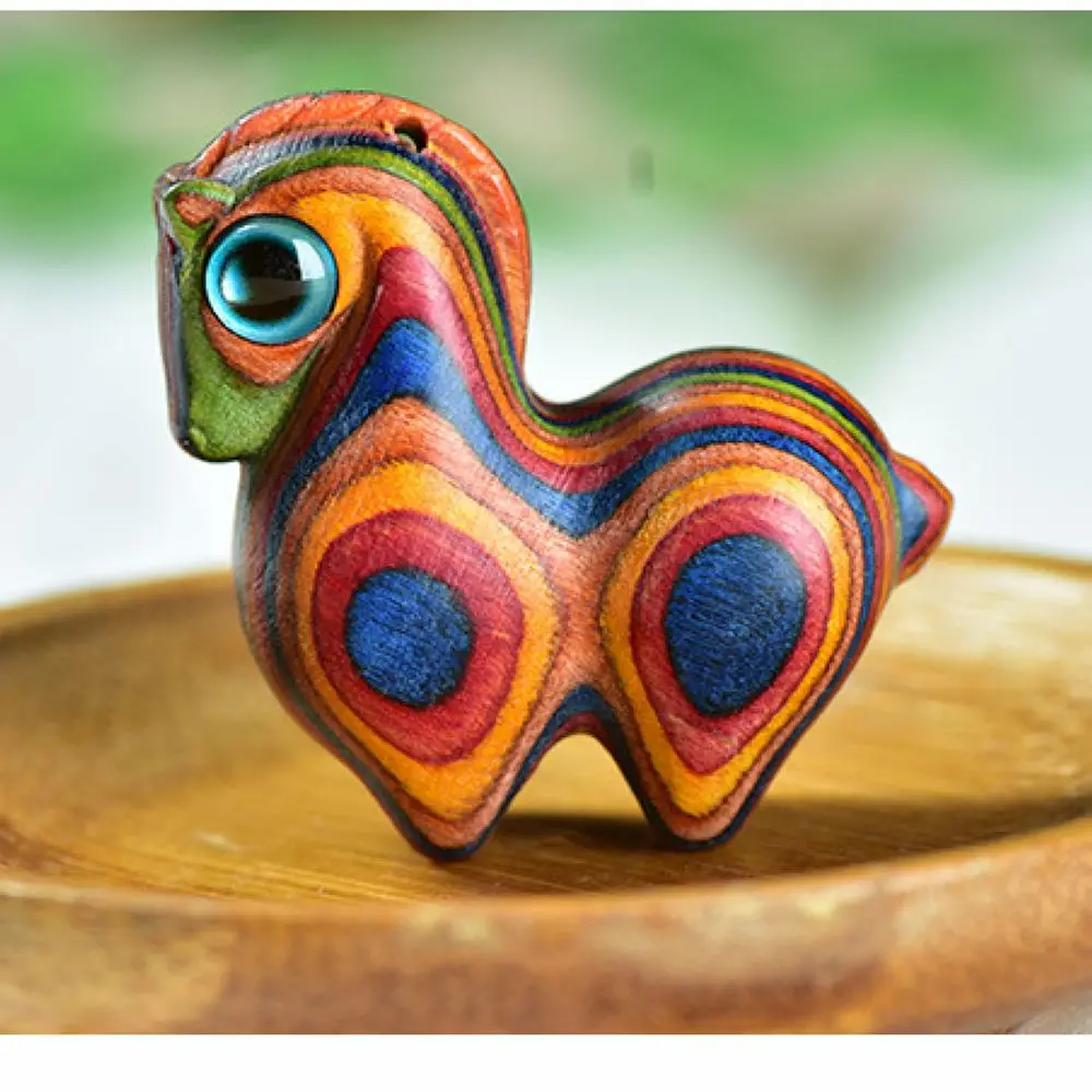 Hand Carved rainbow wooden horse Figurine Animal Carving Statue Office desk study Home Decor pendant for key phone chain