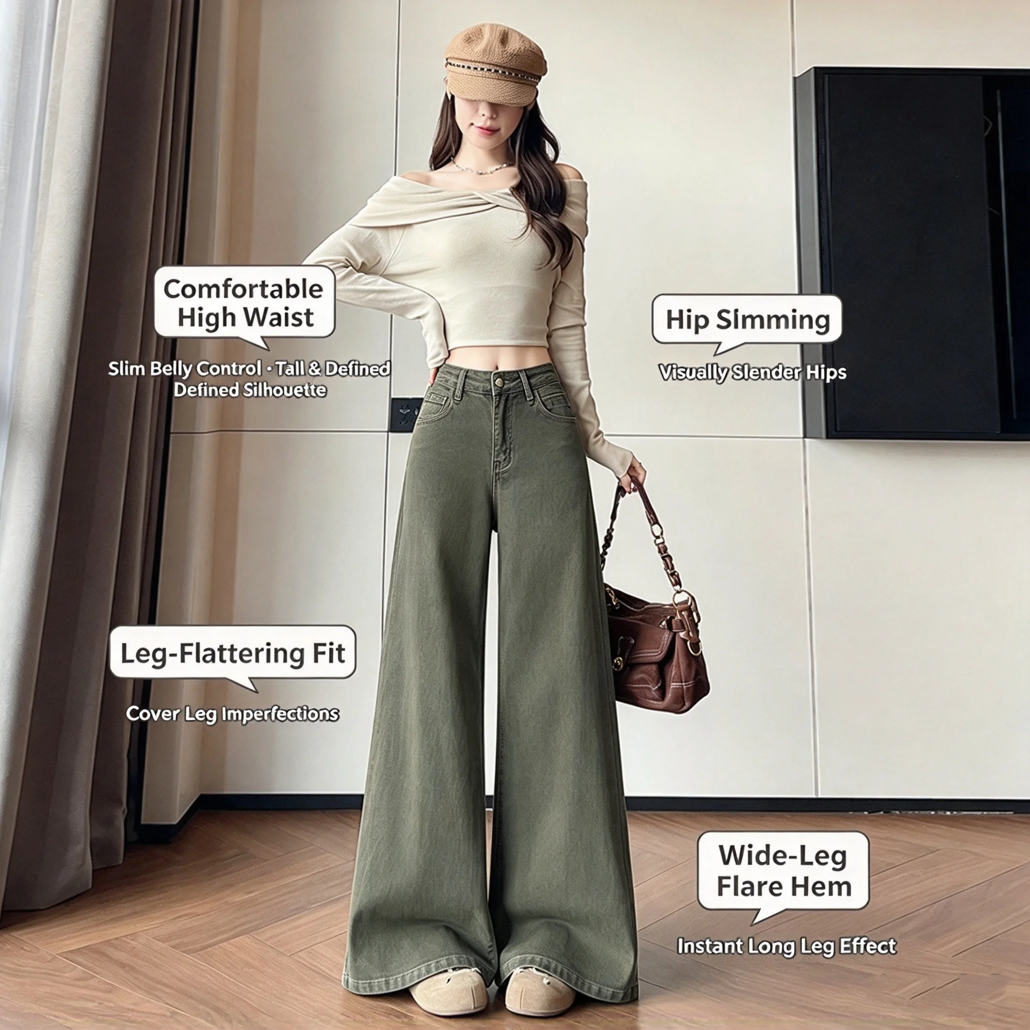 Women's Popular Olive Green Stretch Flare Jeans, Relaxed Fit Wide Leg Flared Pants, Trendy Casual Women Denim Trousers