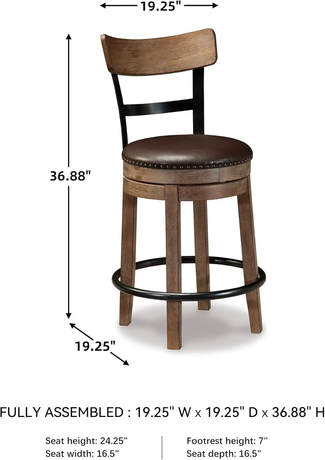 24.25" Counter-Height Swivel Bar Stool - Modern Farmhouse Style, Faux Leather, 360° Rotation, Rustic Light Brown