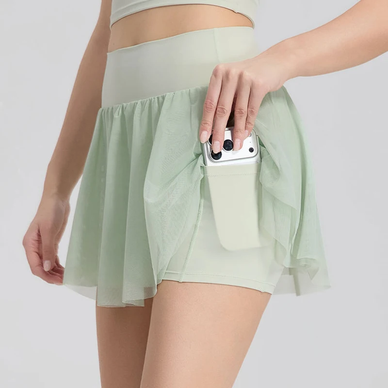 Women Summer Yoga Tennis Skirt Solid Color High Waist Outdoor Running Skirt 2 In 1 Pocket Golf Skirt Female Short Sportswear