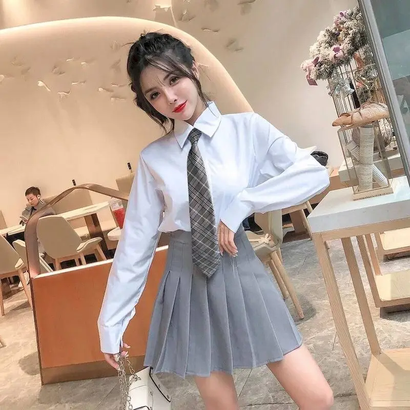 School Girl Uniform Two-piece College Style Pleated Skirt Suits Women's Suits Summer Loose Shirt Female Student Korean Uniform