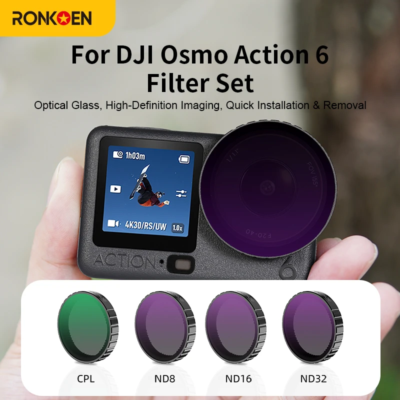 Ronkoen Filter für DJI Osmo Action 6, UV-Spiegel, CPL-Polarisator, Bewegungskamera, schwarz, weicher ND-Filter, ND8/16/32/64