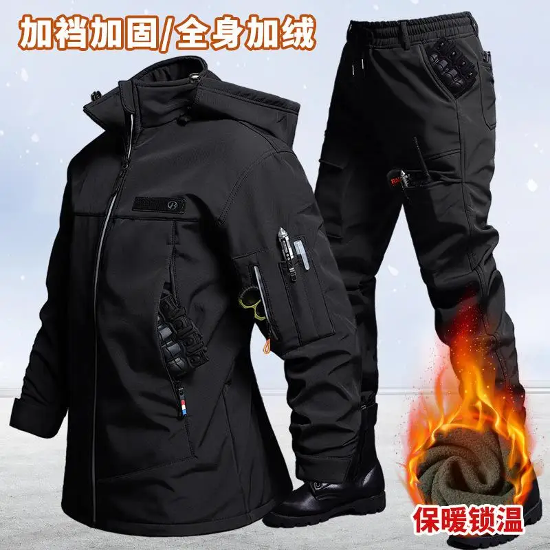 Autumn And Winter Velvet Waterproof Tactical Jacket And Pants Set For Men's Cycling Hiking Camping Adventure Clothing