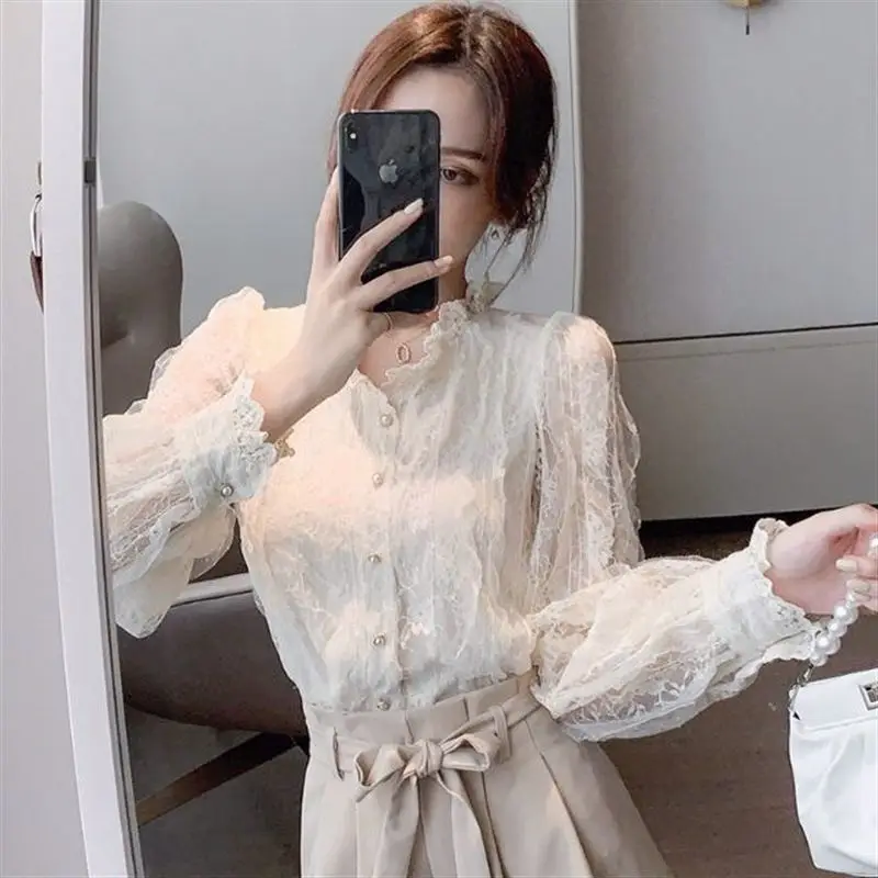 Spring Autumn French V Neck Lace Shirt Top Women\'s Long-sleeved Chiffon Cardigan Bottoming Blouse S-3XL