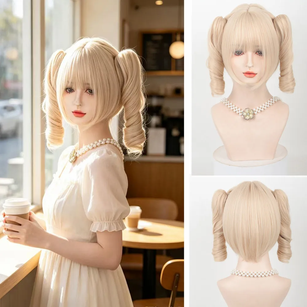 Long Blonde Cosplay Wig for Women with 2 Detachable Claw Clip Ponytails Cute Sweet Curly Pigtails Wig with Bangs for Halloween