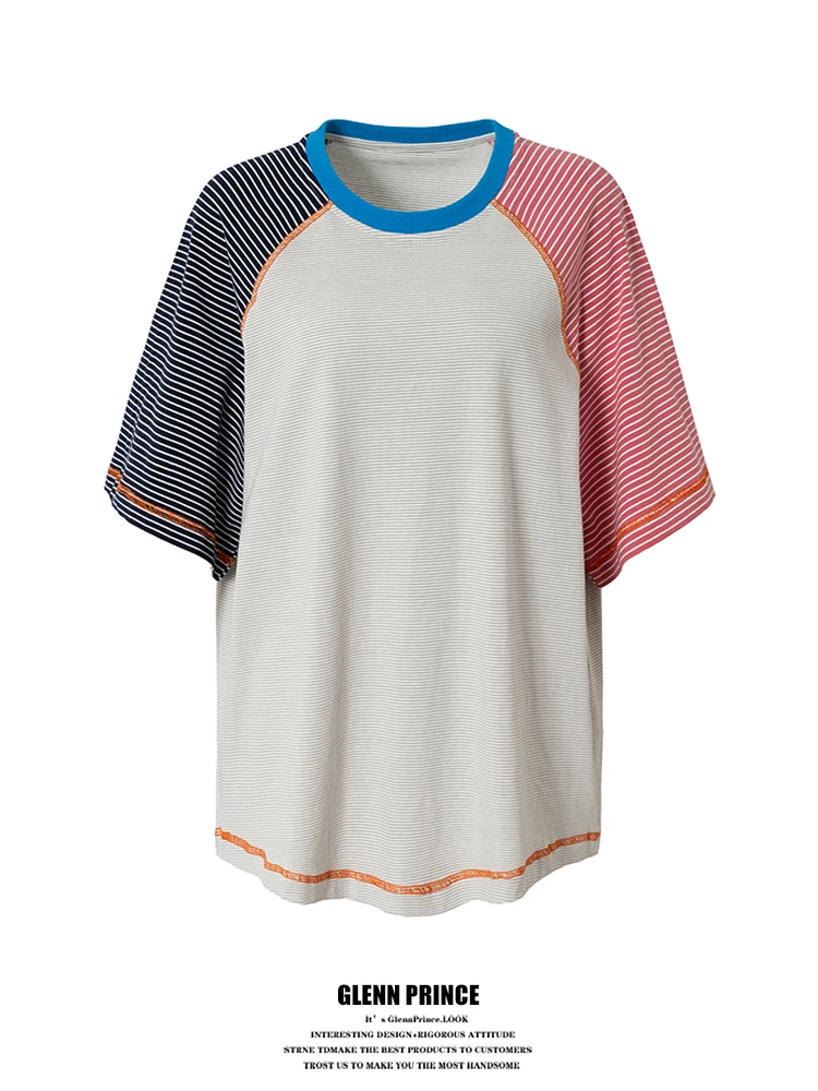 

Korean Style Striped Color Block Shoulder T-Shirt Men's Summer New Lightweight Sport Style Top Breathable Cotton Polyester Blend