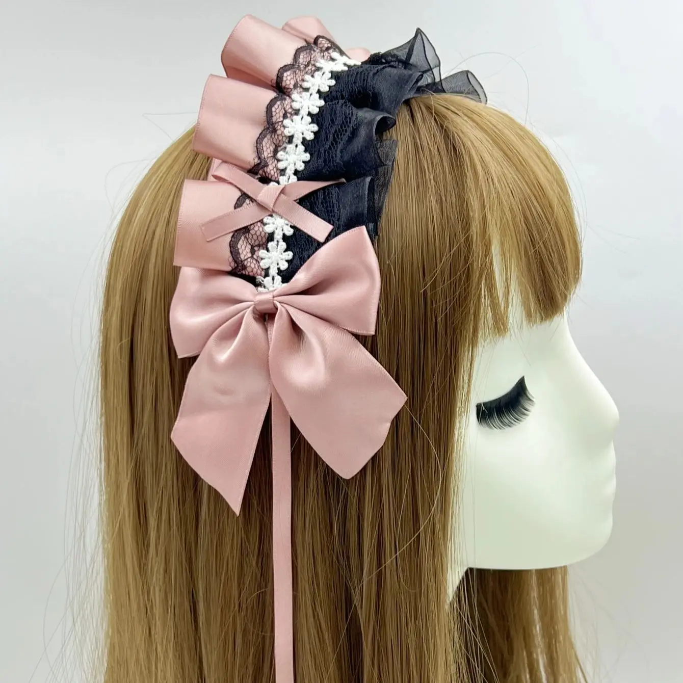 Gothic lolita Sweet Headband Contrast Color Ruffled Lace Ribbon Bow Hairband With Hairpins Anime Maid Headdress