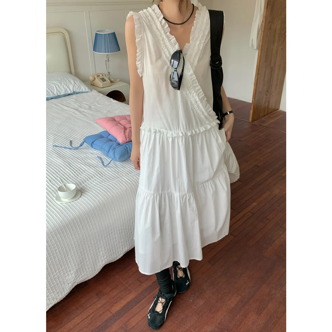 Borda fungo preta em camadas frias, frente e verso, dois vestidos colete sem mangas, vestido feminino doce branco luar