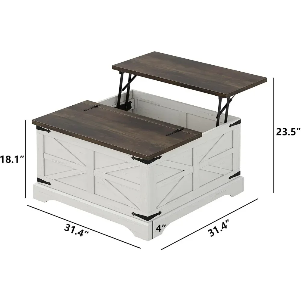 Square Wood Center Table with Large Hidden Storage Compartment , Rustic Cocktail White Modern Table with Hinged Lift Top