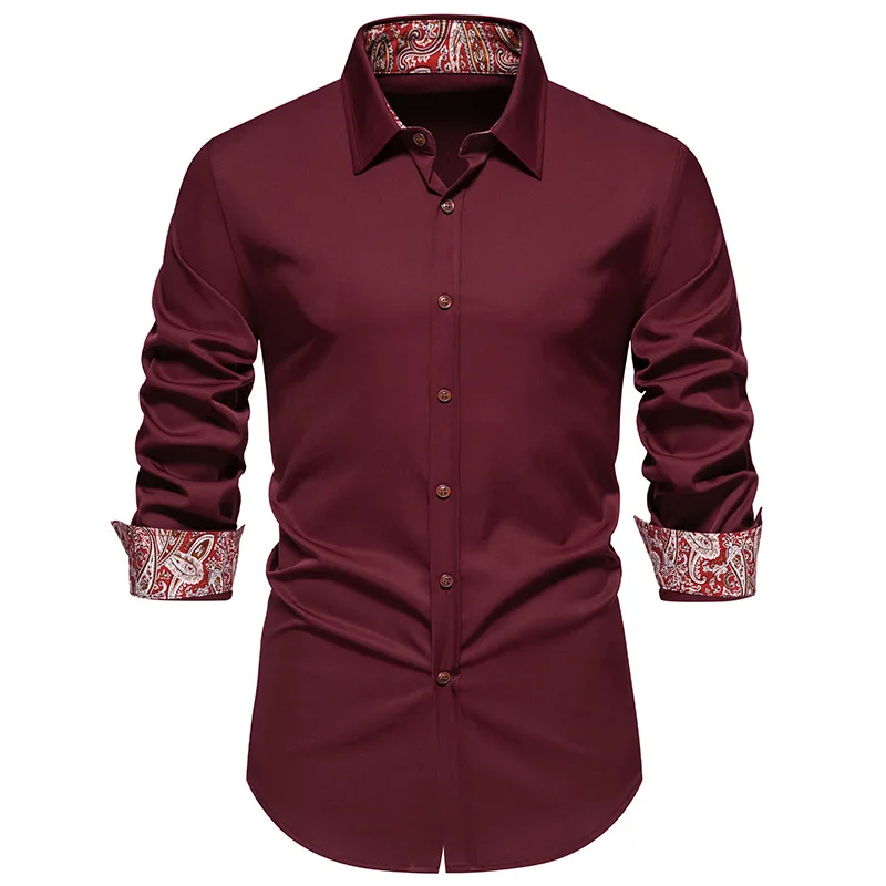 Spring New Men\'s Triangle Neck Cashew Flower Colored Long Sleeved Casual Slim Fit Comfortable Shirt