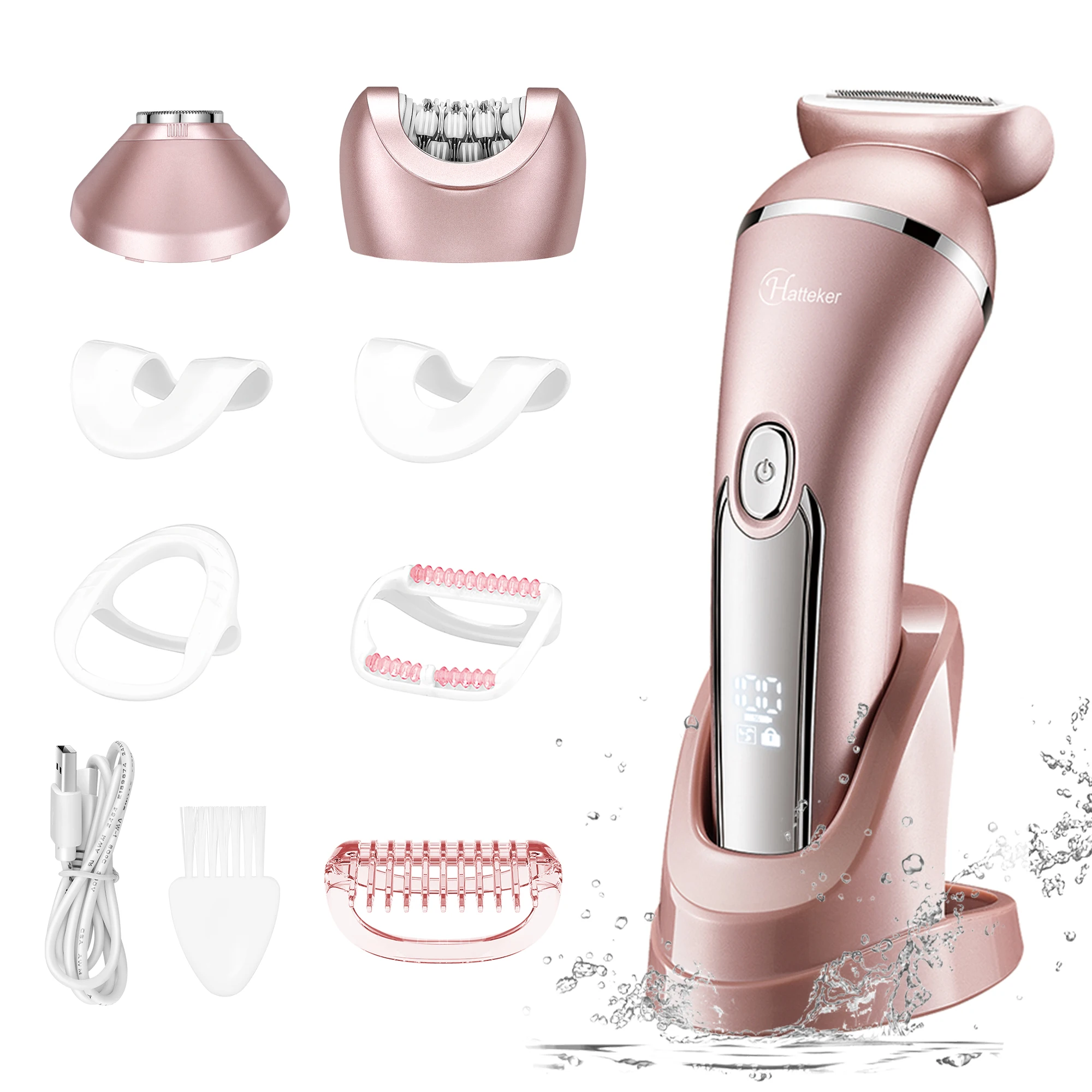 Hatteker Women Electric Epilator 3in1 Shaver for Legs Arms Underarms Bikini Line Hair Removal Wet/Dry Rechargeable Hair Trimmer