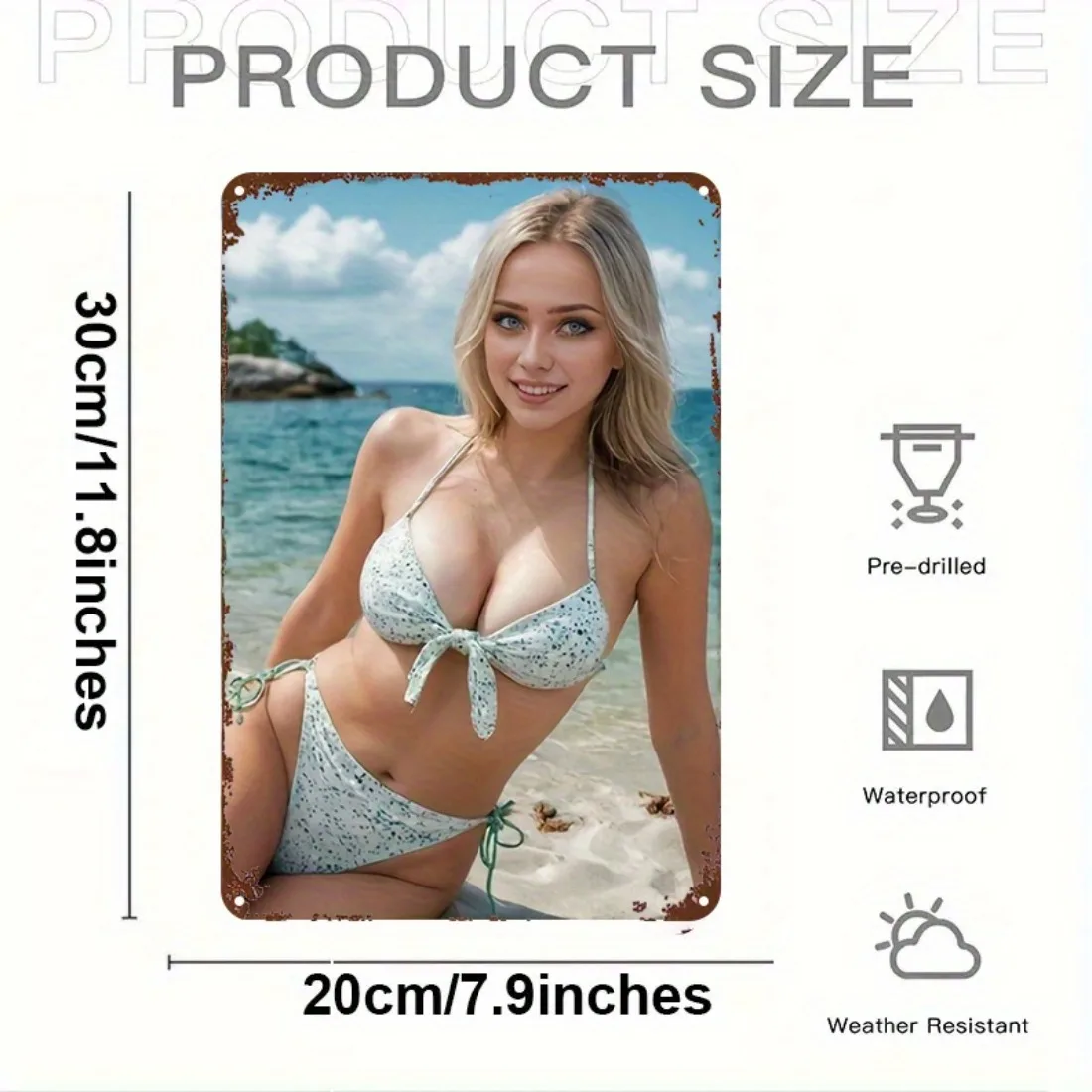 Iron 8x12in Metal Beach Sign Waterproof Wall Decor, Rustproof Bikini Model Art for Indoor Outdoor Home Bar Cafe Bathroom