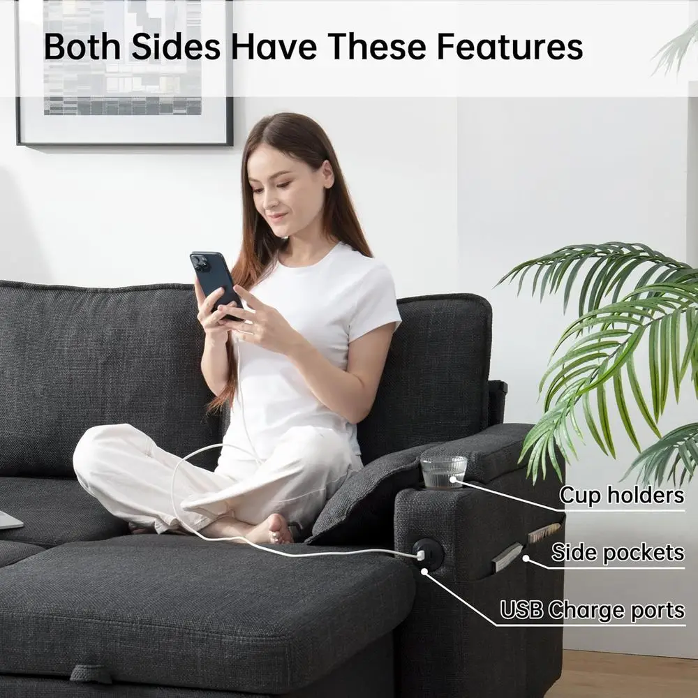 أريكة نوم مزدوجة التخزين، أريكة قابلة للسحب مع أغطية قابلة للإزالة، أثاث غرفة المعيشة المقطعية باللون الرمادي