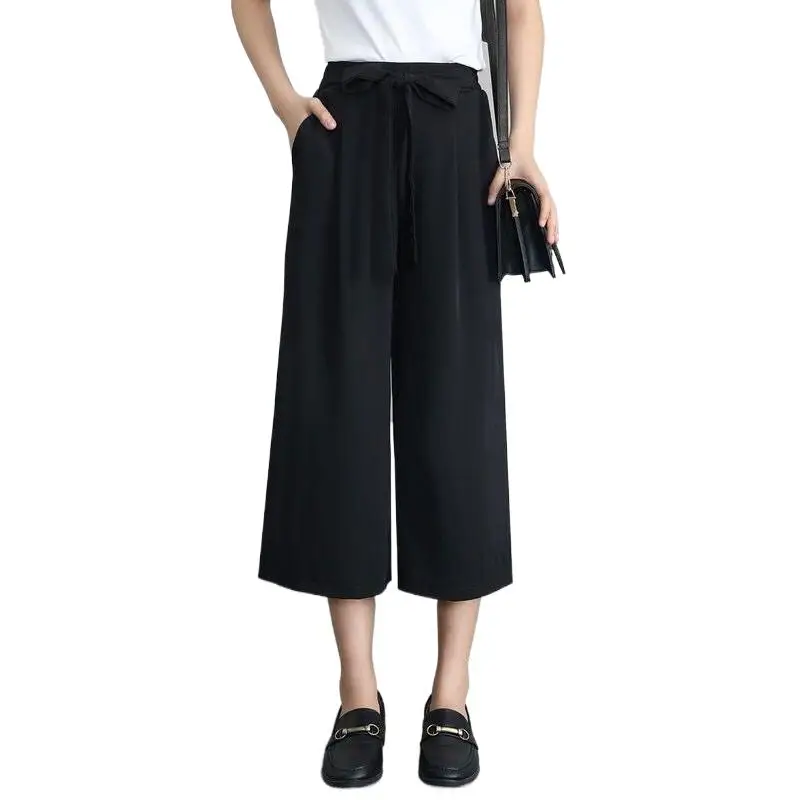 

Women Casual Wide Leg Pants New Fashion Office Lady Solid High Waist Chiffon Pants 2024 Summer Loose Calf-Length Trousers Slim