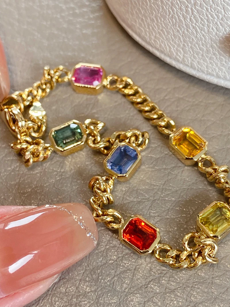 KUGG 18K Yellow Gold Bracelet Shiny Real Natural Aquamarine Classic Cuban Design INS Style Engagement Jewelry for Women