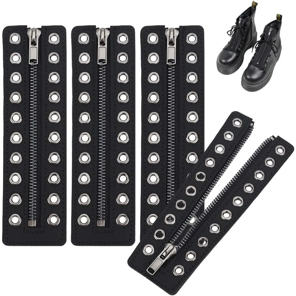 2 Pairs Leather Lace-in Boot Zipper Inserts, 6.9 x 2 Inch Eyelets Zipper Boot Laces Black 10 Holes No Tie Shoe Laces for