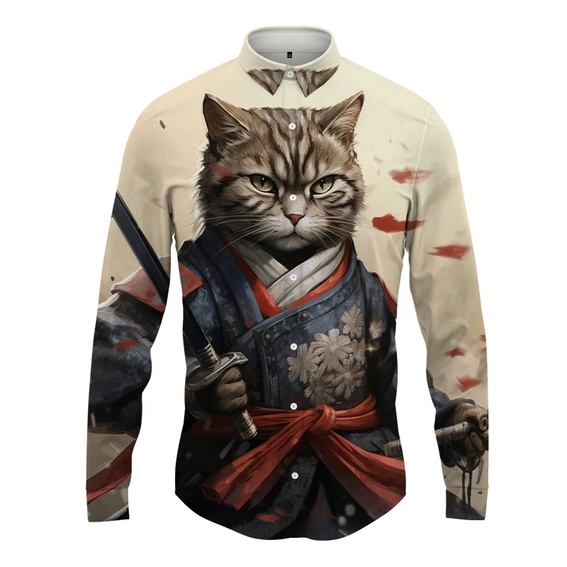 

Samurai Cat 3D Printed Shirts Spring And Autumn Turn-down Collar Long -sleeved Shirt Men's Loose Outdoor Casual Fashion Shirt