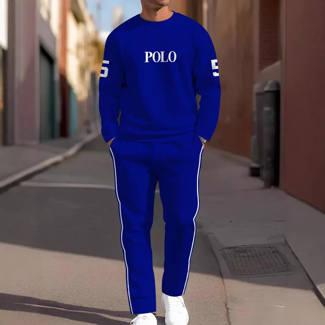 

Mens Cross Border Round Neck Tech Print Casual Sports Set Long sleeve Top Long Pants Loose fit Sweater and Sweatpants 2piece Se