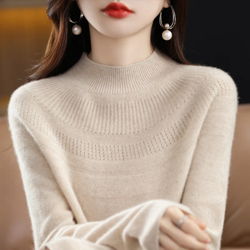 

100% Wool Cashmere Sweater Elegant Loose Set Head Women's Half High Neck Hollow Sweater Autumn And Winter New Warm Knitted