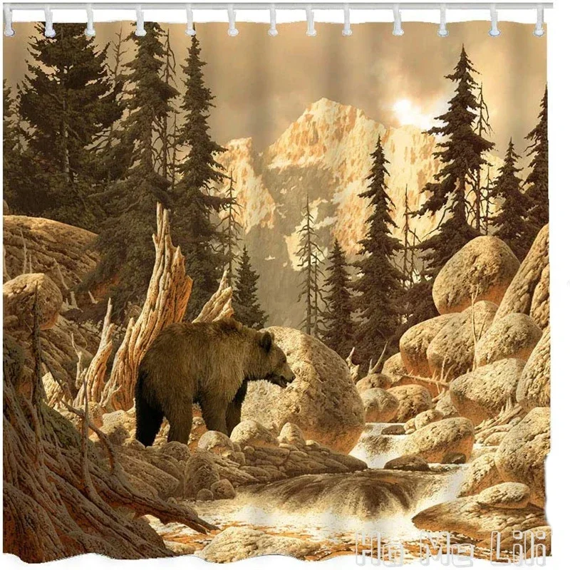 

Занавеска для душа с медведем гризли от Ho Me Lili Animal Wilderness Brook Canyon Forest Mountain Nature Yellow Stone для декора ванной комнаты