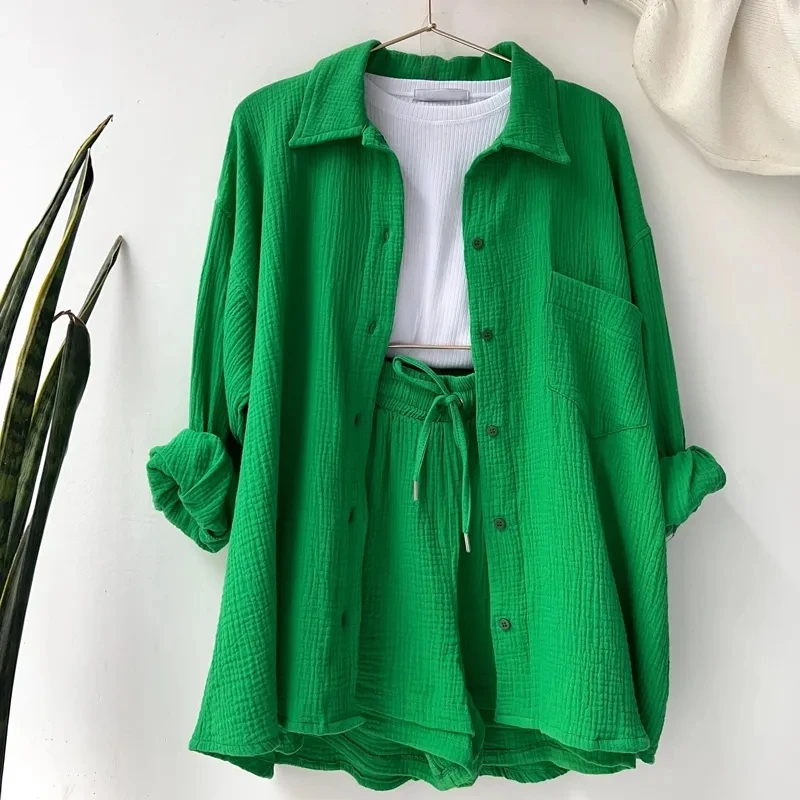 Solid Pleated Two Piece Set Pajamas for Women Summer Two Piece Suit Sleepwear Long Sleeve Short Sets Fashion Button Outfits Suit