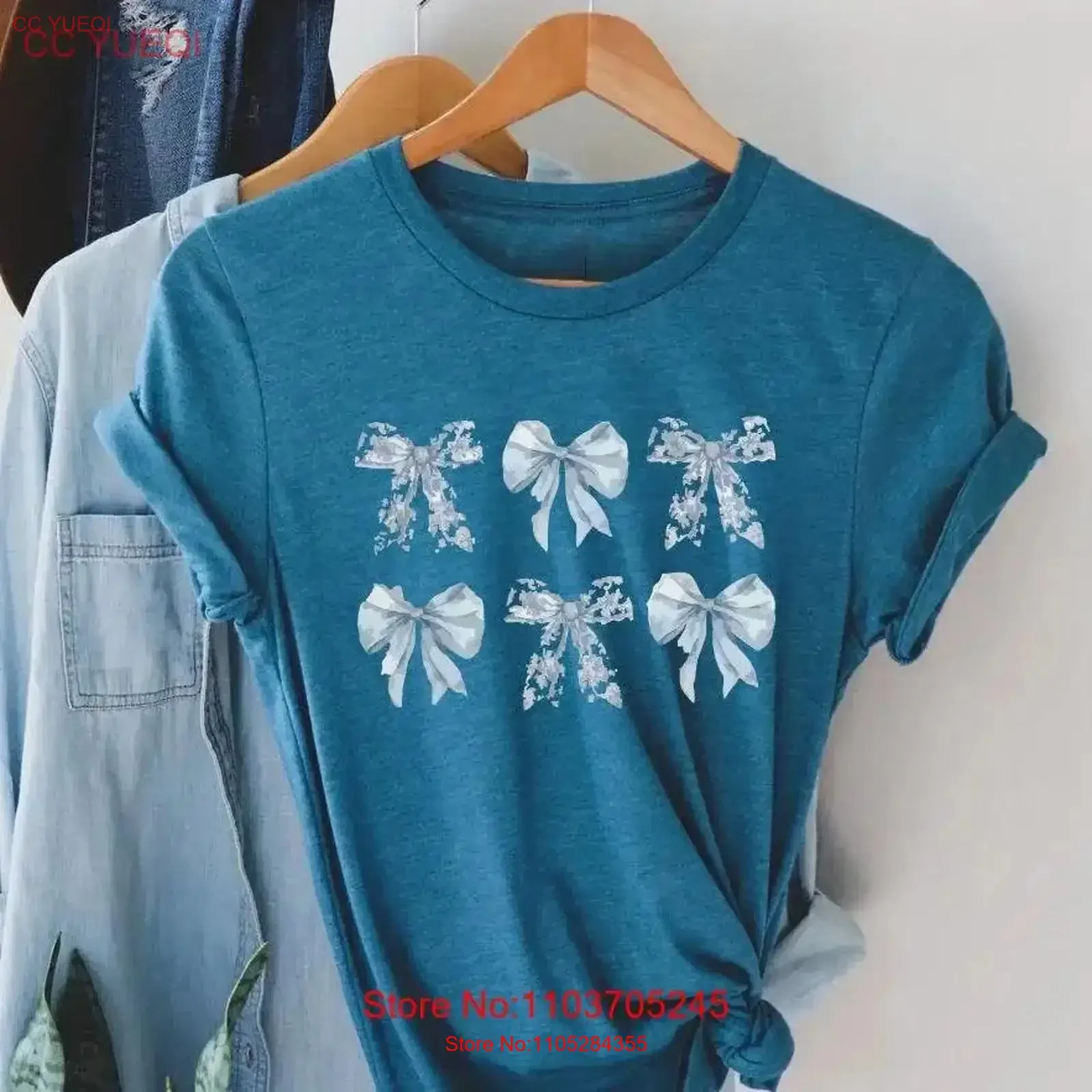 Toile Bow T Shirt Blue Coquette Cute Ribbon for Women Bows Her Light vintage Washed homme streetwear Stretched graphic Casual