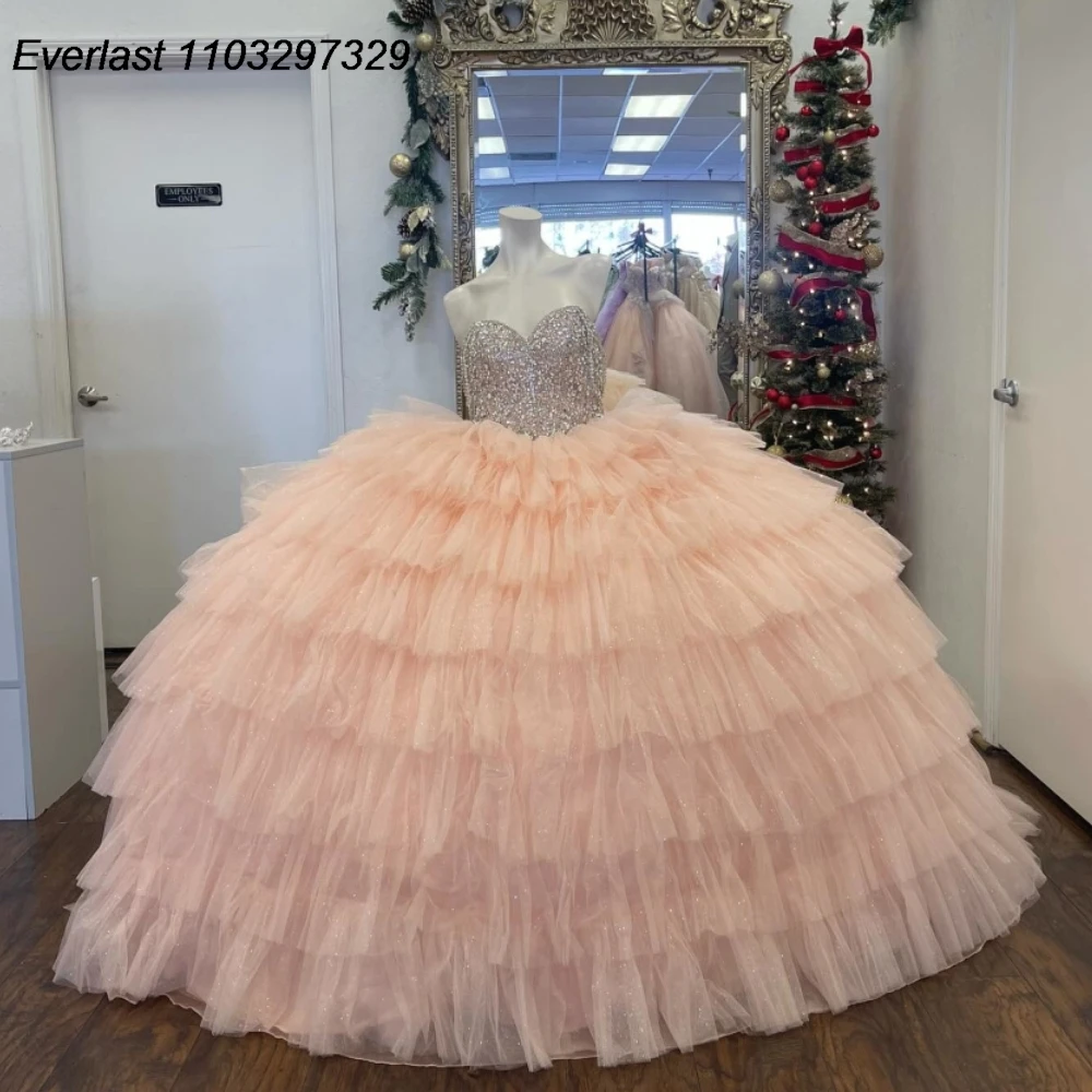 

EVLAST Glitter Pink Quinceanera Dress Ball Gown Applique Crystal Beaded Tiered Ruffles Corset Sweet 16 Vestido De 15 Anos TQD997