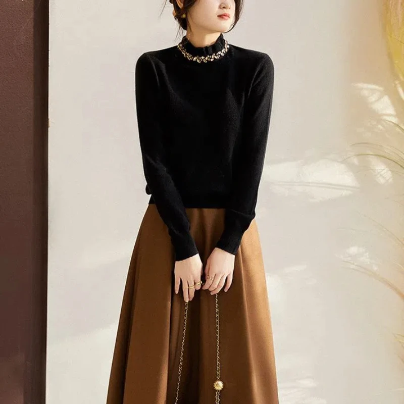 Korean Autumn/Winter Sweaters Women's Mock Neck Solid Chain Edible Tree Fungus Luxury Slim Long Sleeve Pullovers Knitted Tops