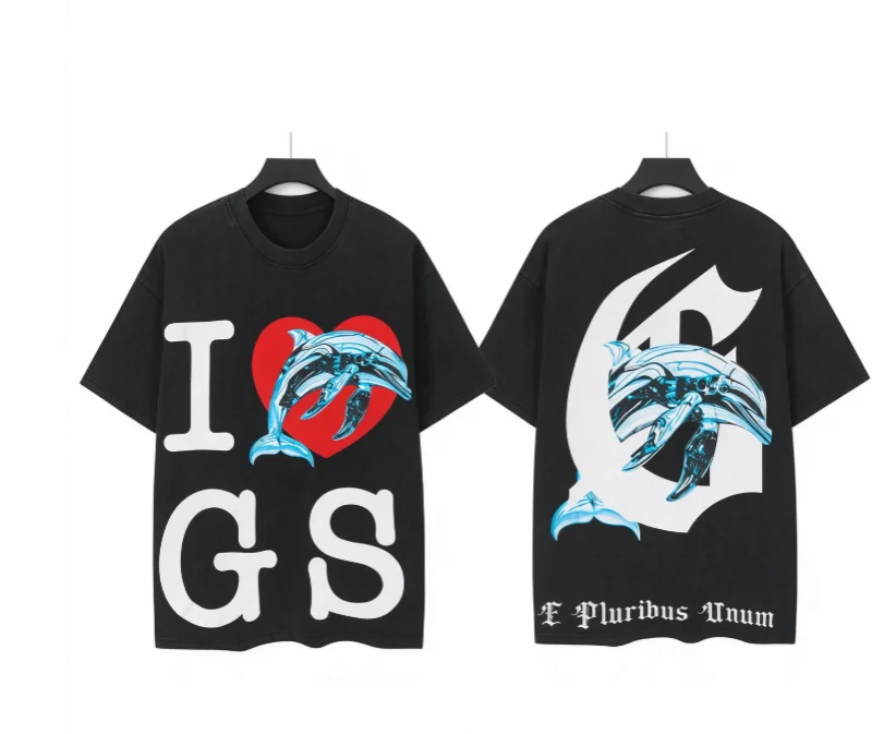 2026 new Short sleeve tee with heart dolphin graphic plus gothic artistic text on front and back unisex loose casual street fit