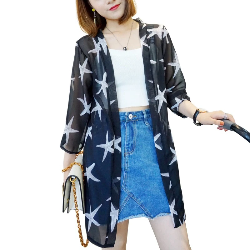 Women Shawl Blouses Plus Size Printed Cardigan Tops V Neck Three Quarter Loose Chiffon Ponchos Kimono Cardigan