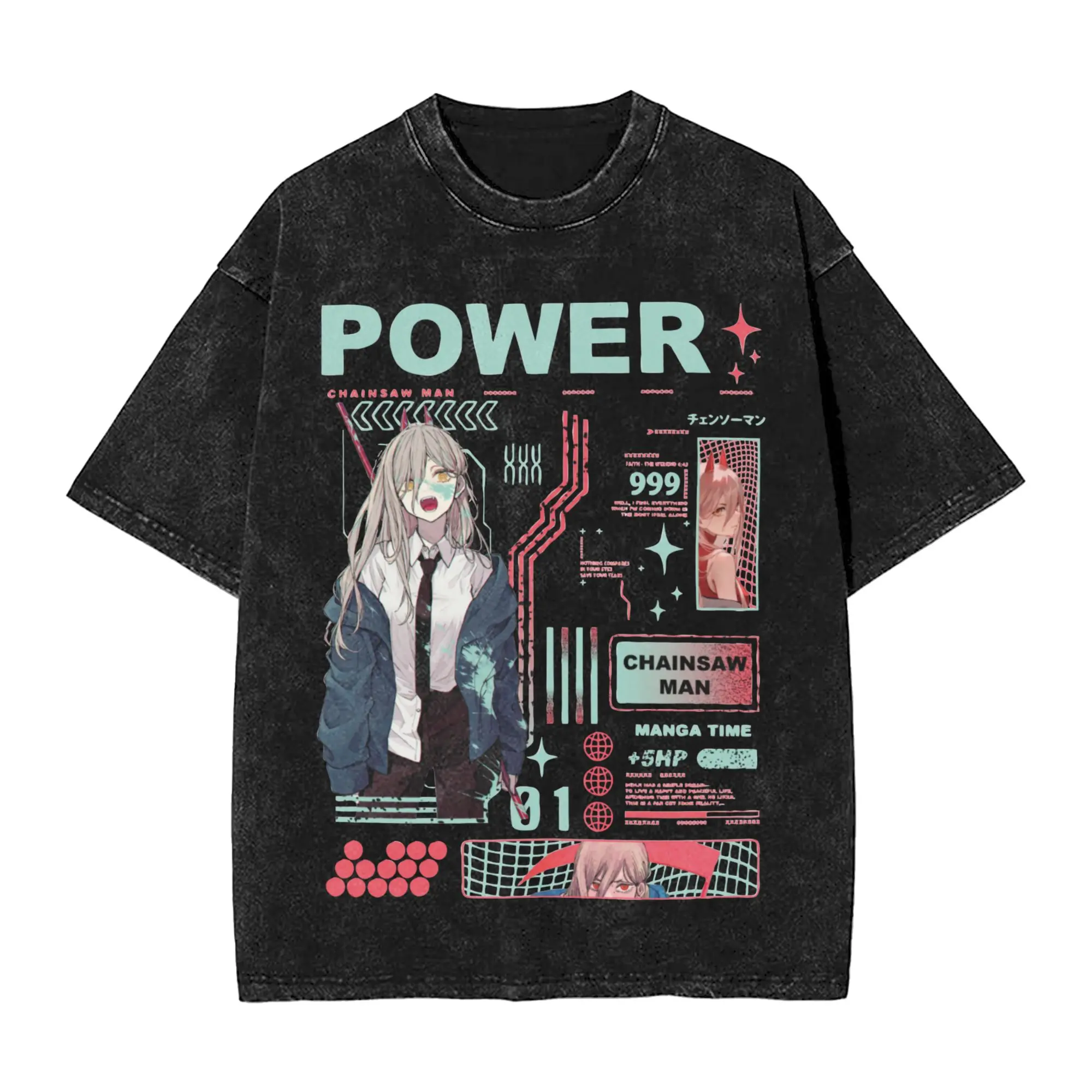Print Power Chainsaws Man Manga Vintage Washed Tshirts Men Round Neck Short Sleeve Tops  Cotton Summer Clothing