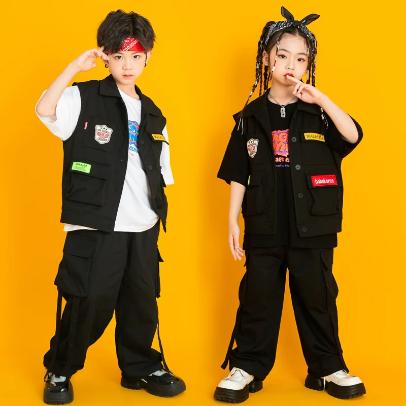 Teenage Kids Black Hip Hop Clothing T Shirt Tops Tactical Cargo Pants Jacket Vest For Girls Boys Jazz Dance Costume Clothes