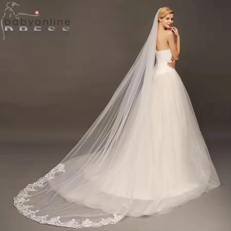 

BABYONLINE 3M фата с расческой цвета слоновой кости, однослойная, прозрачная, тюлевая, с кружевной аппликацией, вуаль с краями, соборная свадебная длинная фата