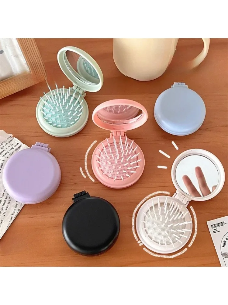 Peigne pliant de couleur unie avec miroir de maquillage, petit peigne de Massage Portable pour voyage, coussin d'air pour femmes et filles, brosse à cheveux, outil de coiffure