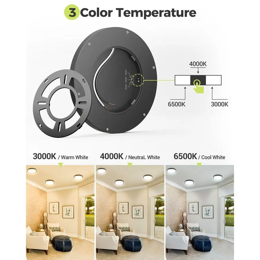 6PACK LED Flush Mount Ceiling Light, 3CCT Selectable 3000K4000K6500K 100W Equivalent Modern Kitchen Ceiling Light Fixture 15W 1