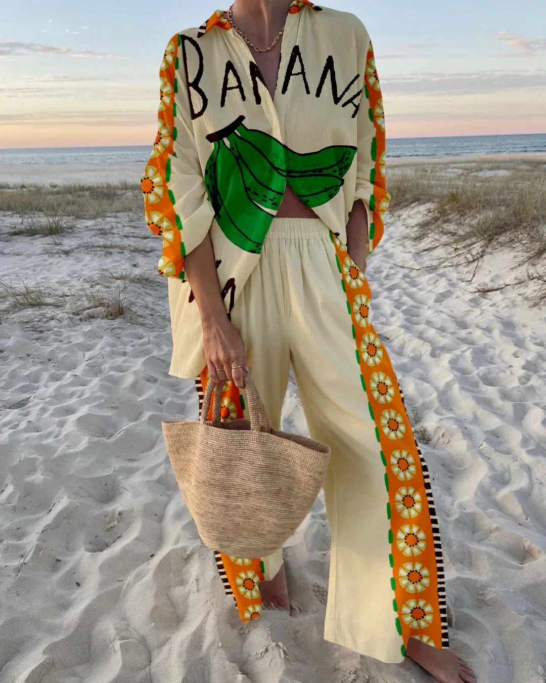 Fashion Print Beach Holiday 2 Piece Set Women Summer Long Sleeve Shirt Top Wide Legs Women's Oversize Two Piece Pant Sets Outfit