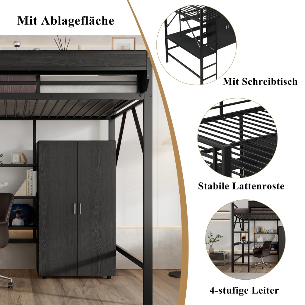 PINGGO Eisen-Hochbett mit Schreibtisch, Doppelstauraum, Kleiderschrank, Eisen-MDF, Schwarz, 140x200cm, ohne Matratze – Detail 8