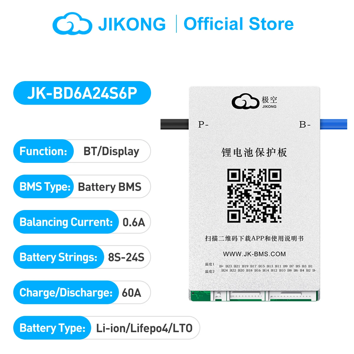 JIKONG JK-BD6A24S6P Smart BMS  8S 16S 24S  60A Li-Ion LiFePo4 LTO BMS 18650 Batteries BMS Smart Battery Management System UPS