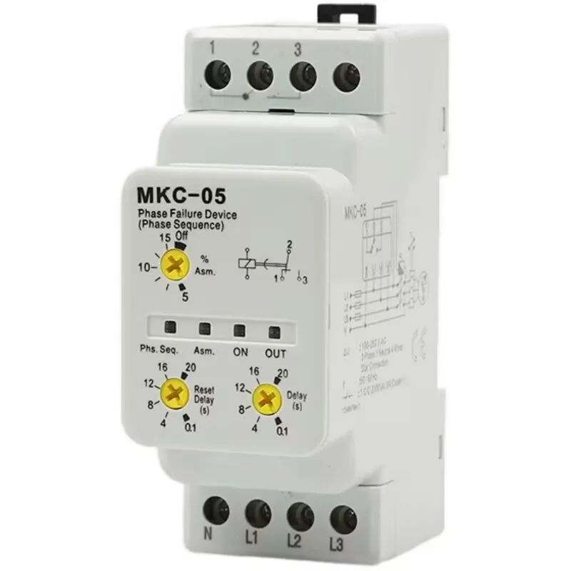 MKC-05 3 Phase Sequence Relay Phase Failure Protection Relay Voltage Monitoring Relay 380V Adjustable Delay Time DIN Rail