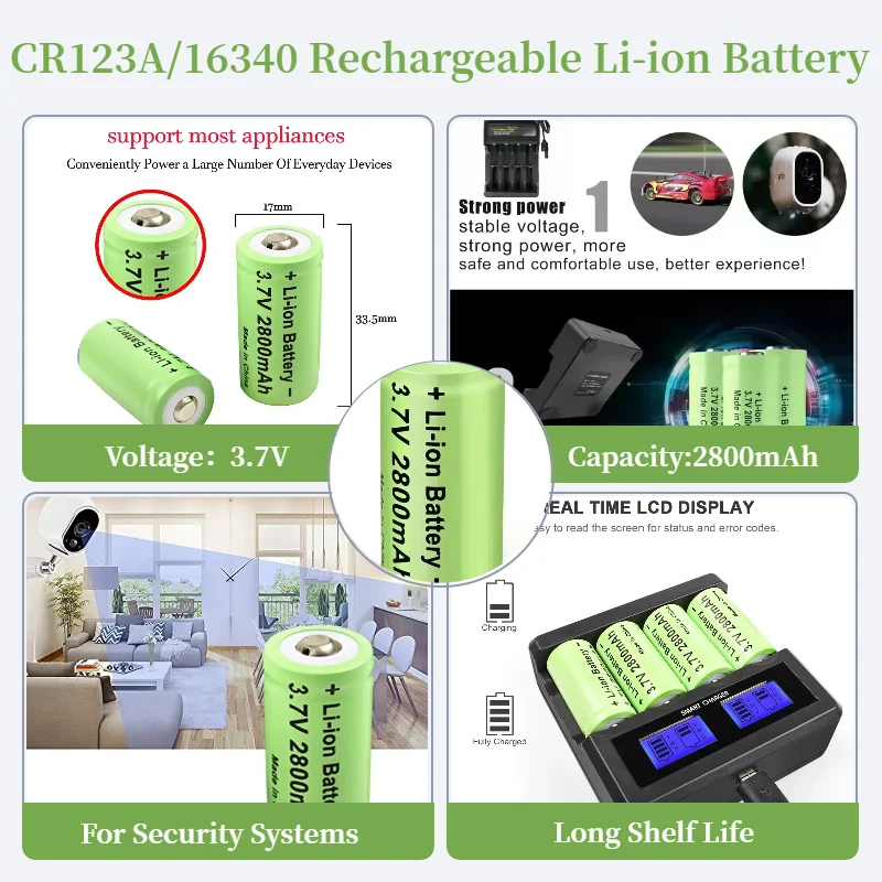 

CR123A 16340 Rechargeable Batteries 3.7V 2800mAh High Capacity Li-ion Battery Pack with Charger for Flashlight Camera Security