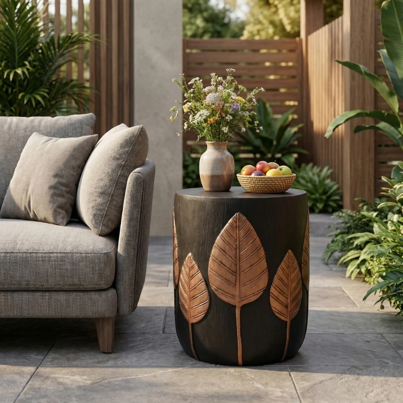 Outdoor concrete side table copper leaf design garden garden furniture