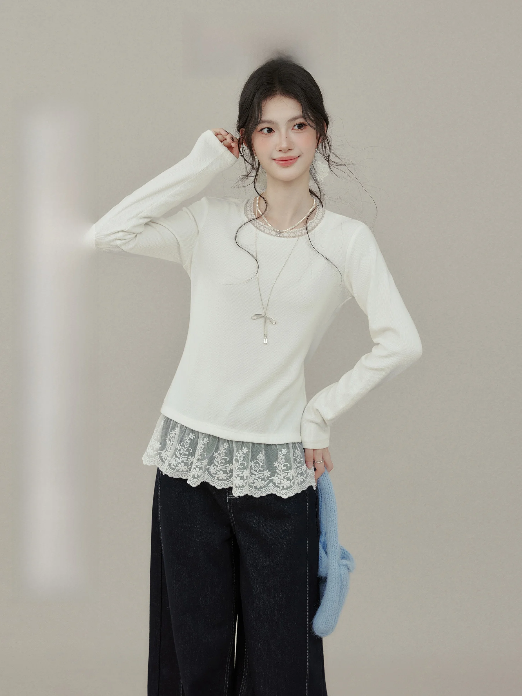 

Футболка Long Sve с кружевной отделкой, женская внутренняя одежда, топ Sli, корейская версия, облегающая круглая футболка Ne